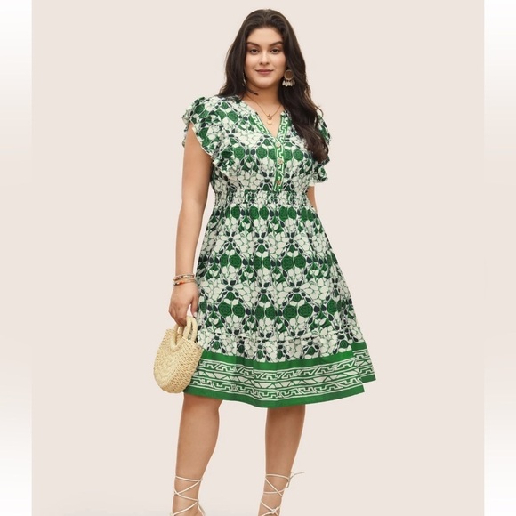 BloomChic Plus Size 3XL Boho Print Ruffles Shirred Pocket Elastic Waist Dress - Picture 1 of 8